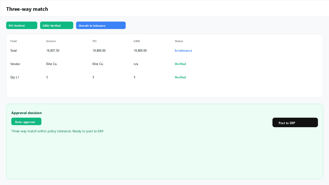 AP Autopilot three-way matching workspace comparing invoice, purchase order and goods receipt details.